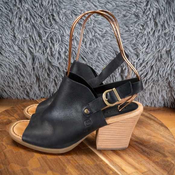 Size 9 - Born Heels Black Leather Peep Toe Block Heel Slingback Summer - Picture 3 of 7